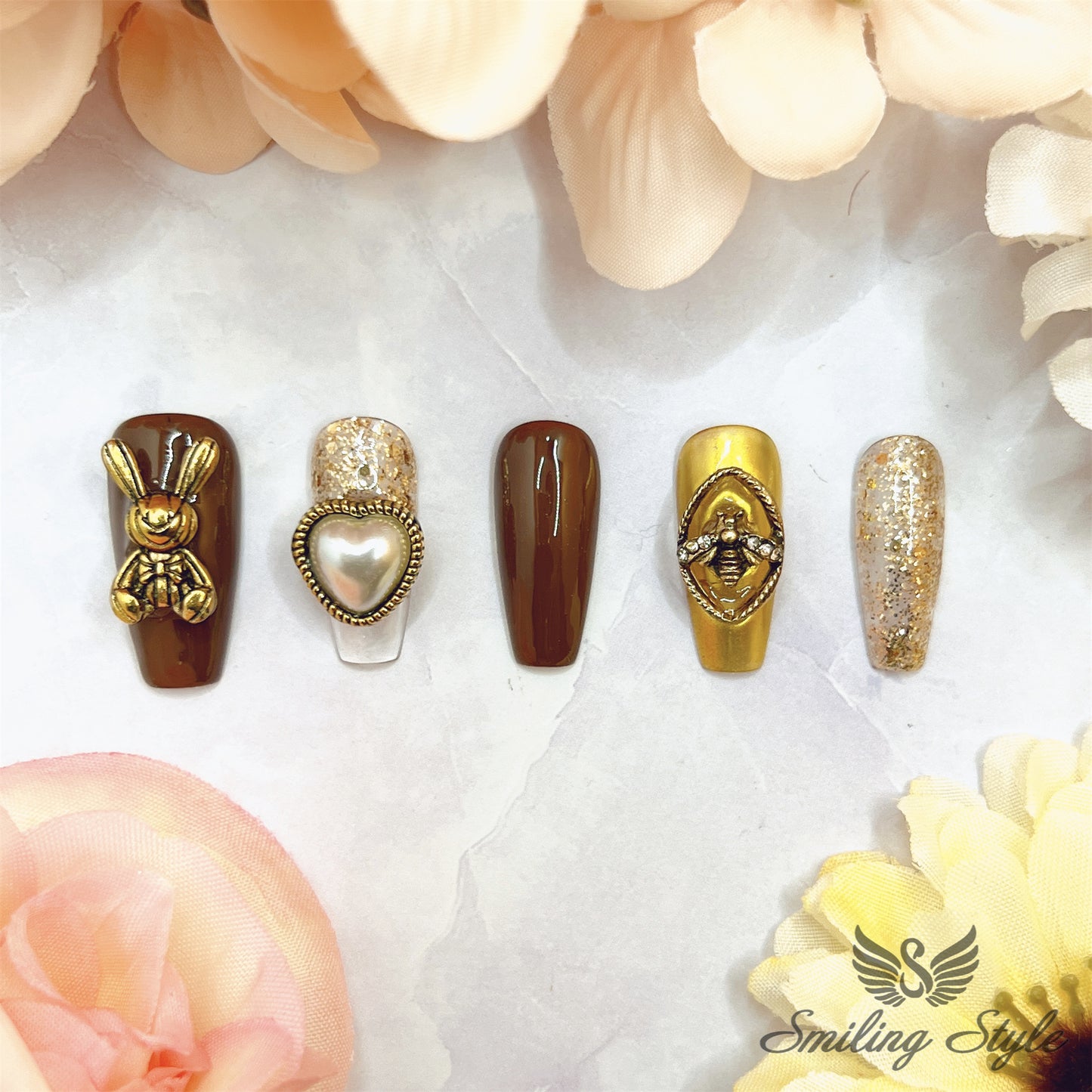 Golden Bunny Boo Press On Nails by SMILINGSTYLE | Luxury Fake Nails | Reusable Nails | Handmade Nails
