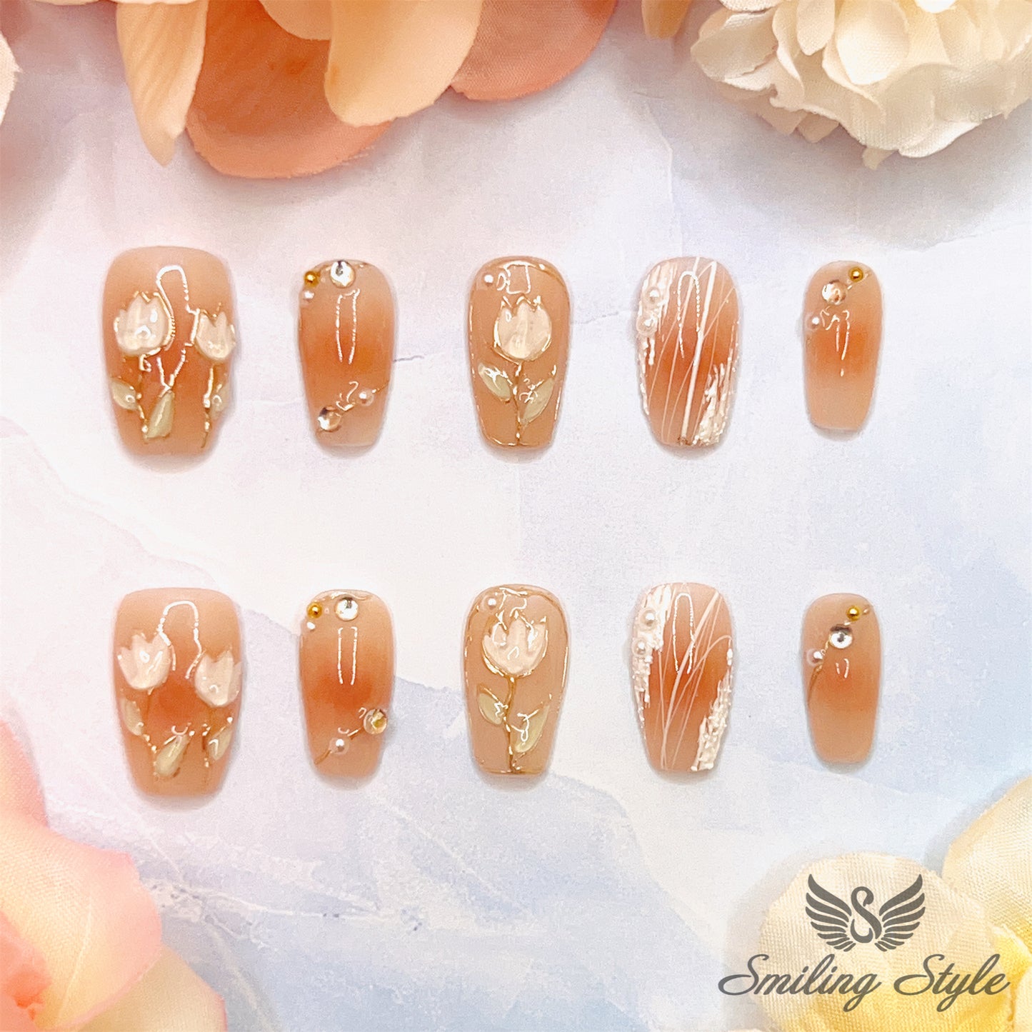 Little Pink Diamond Tulip Press On Nails by SMILINGSTYLE | Luxury Fake Nails | Reusable Nails | Handmade Nails