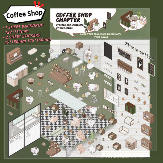 Coffee Shop - 3D Scene Stickers | DIY Mini Room Strickers | Collectible Sticker Book Kit | Fun Scenery Stickers