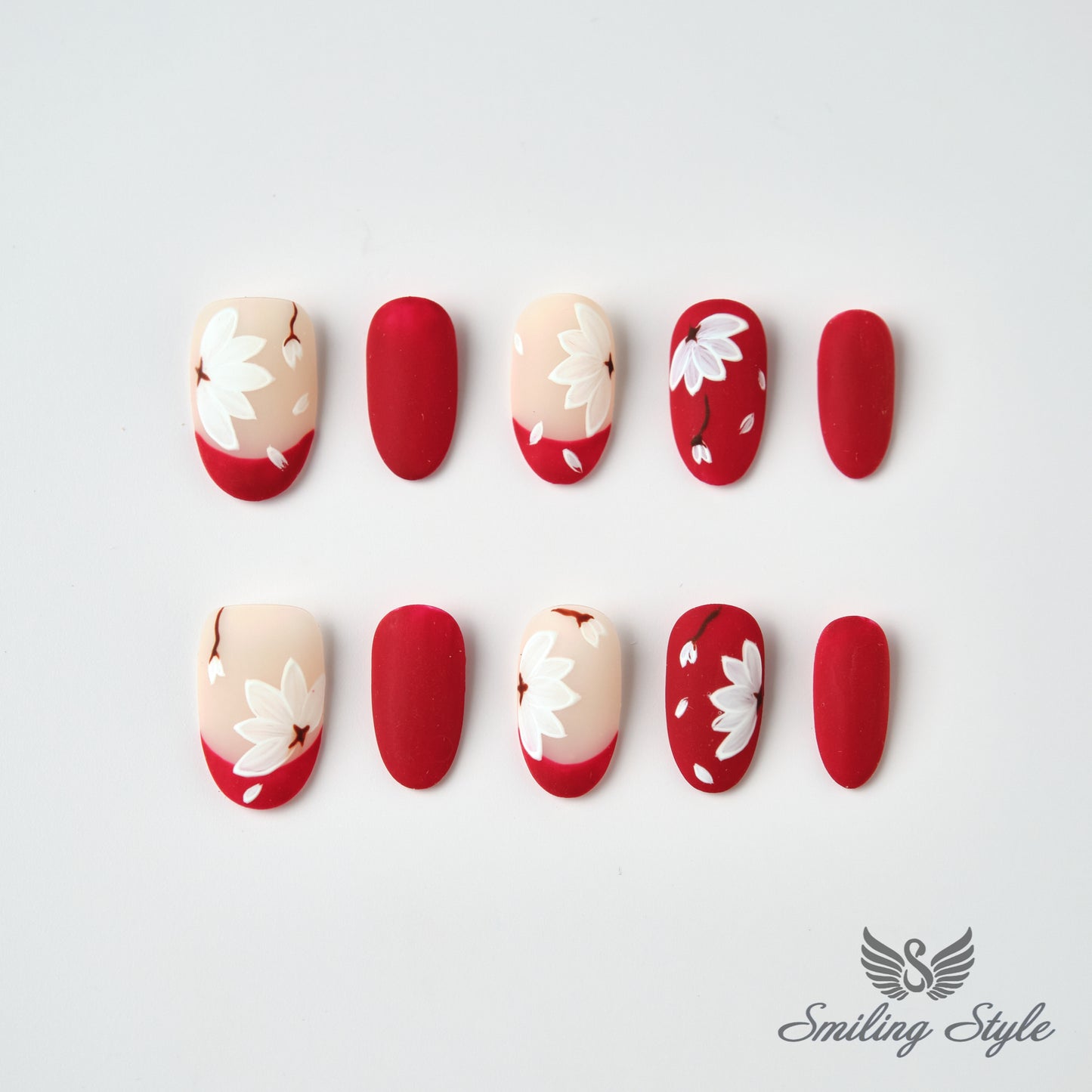 Red Magnolia Press On Nails by SMILINGSTYLE | Luxury Fake Nails | Reusable Nails | Handmade Nails