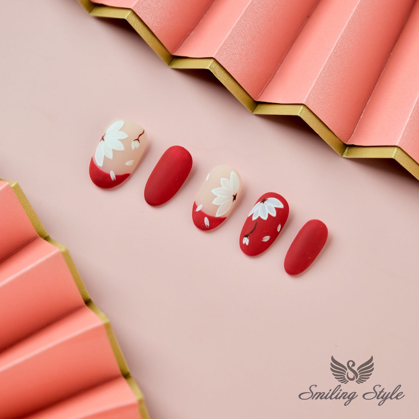 Red Magnolia Press On Nails by SMILINGSTYLE | Luxury Fake Nails | Reusable Nails | Handmade Nails