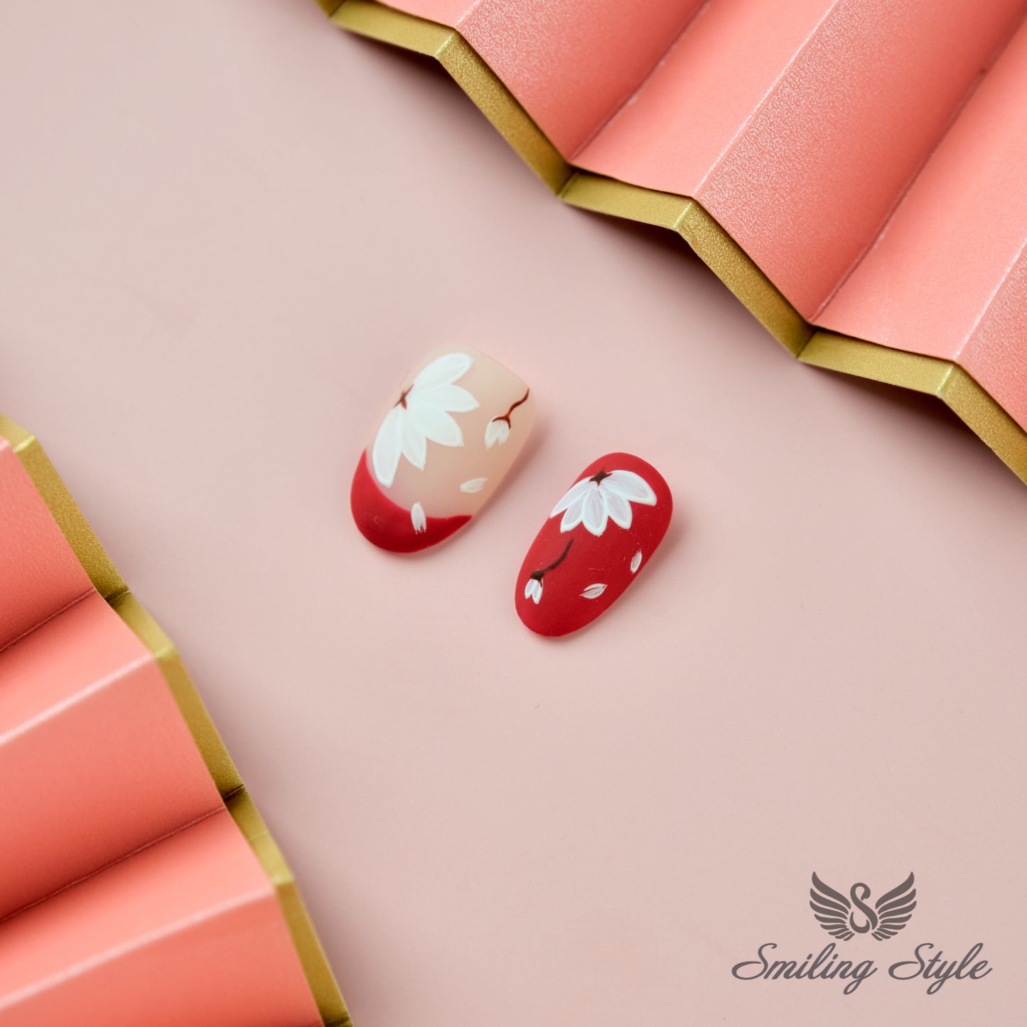 Red Magnolia Press On Nails by SMILINGSTYLE | Luxury Fake Nails | Reusable Nails | Handmade Nails