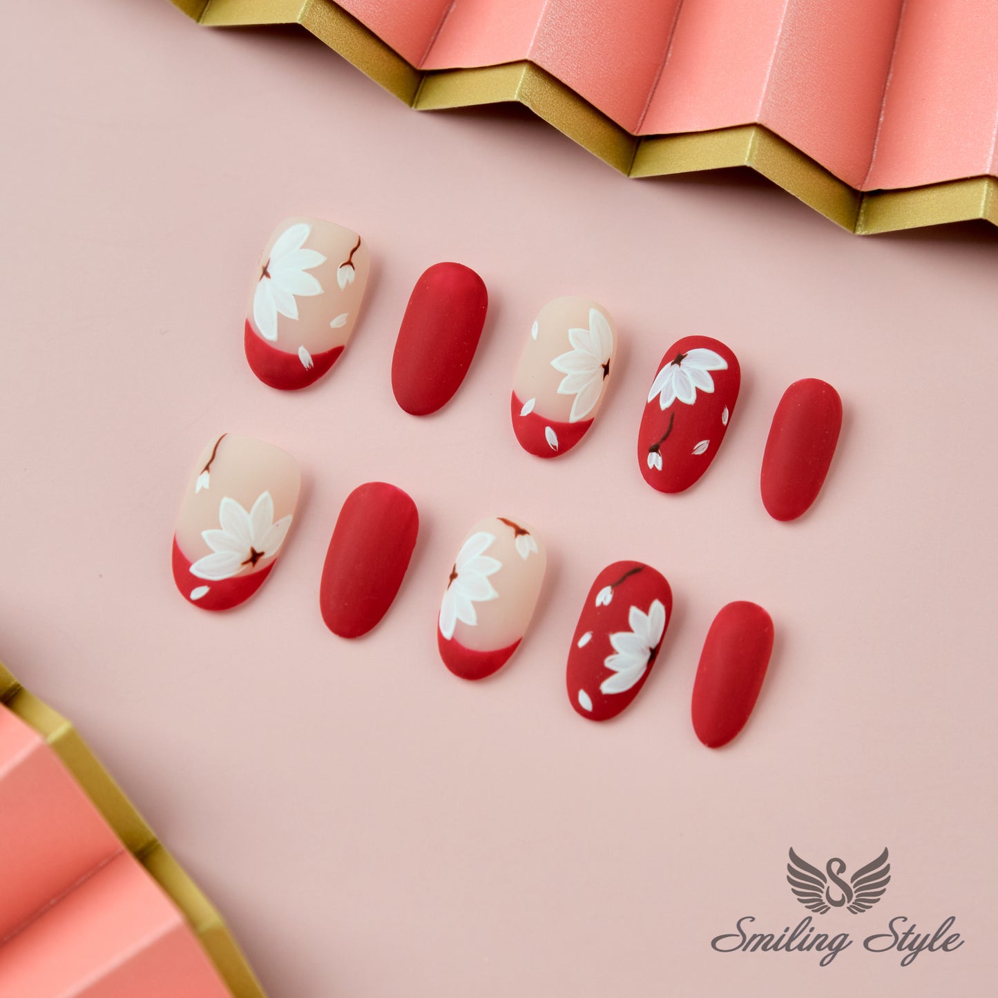 Red Magnolia Press On Nails by SMILINGSTYLE | Luxury Fake Nails | Reusable Nails | Handmade Nails