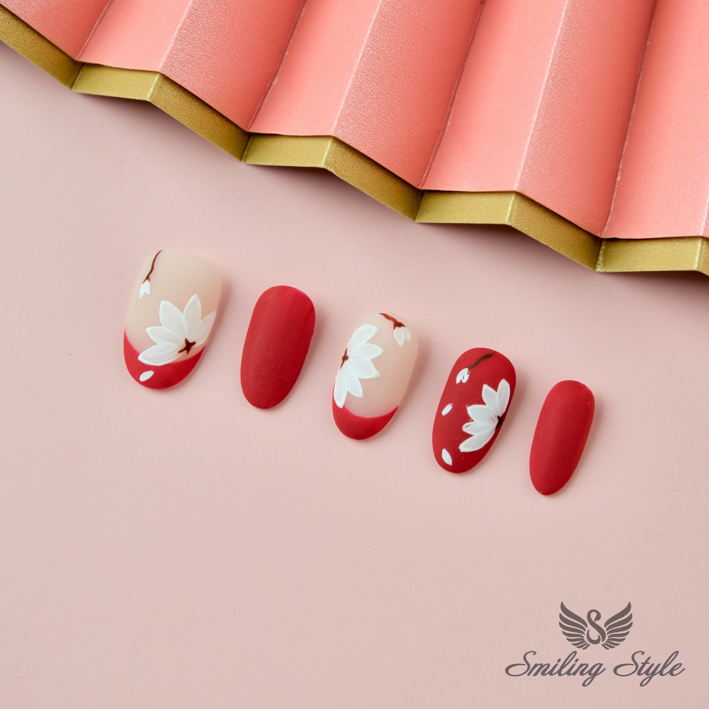 Red Magnolia Press On Nails by SMILINGSTYLE | Luxury Fake Nails | Reusable Nails | Handmade Nails