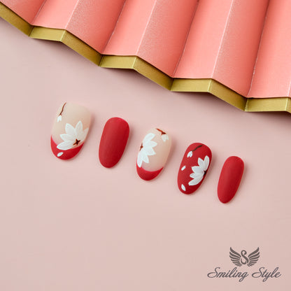 Red Magnolia Press On Nails by SMILINGSTYLE | Luxury Fake Nails | Reusable Nails | Handmade Nails