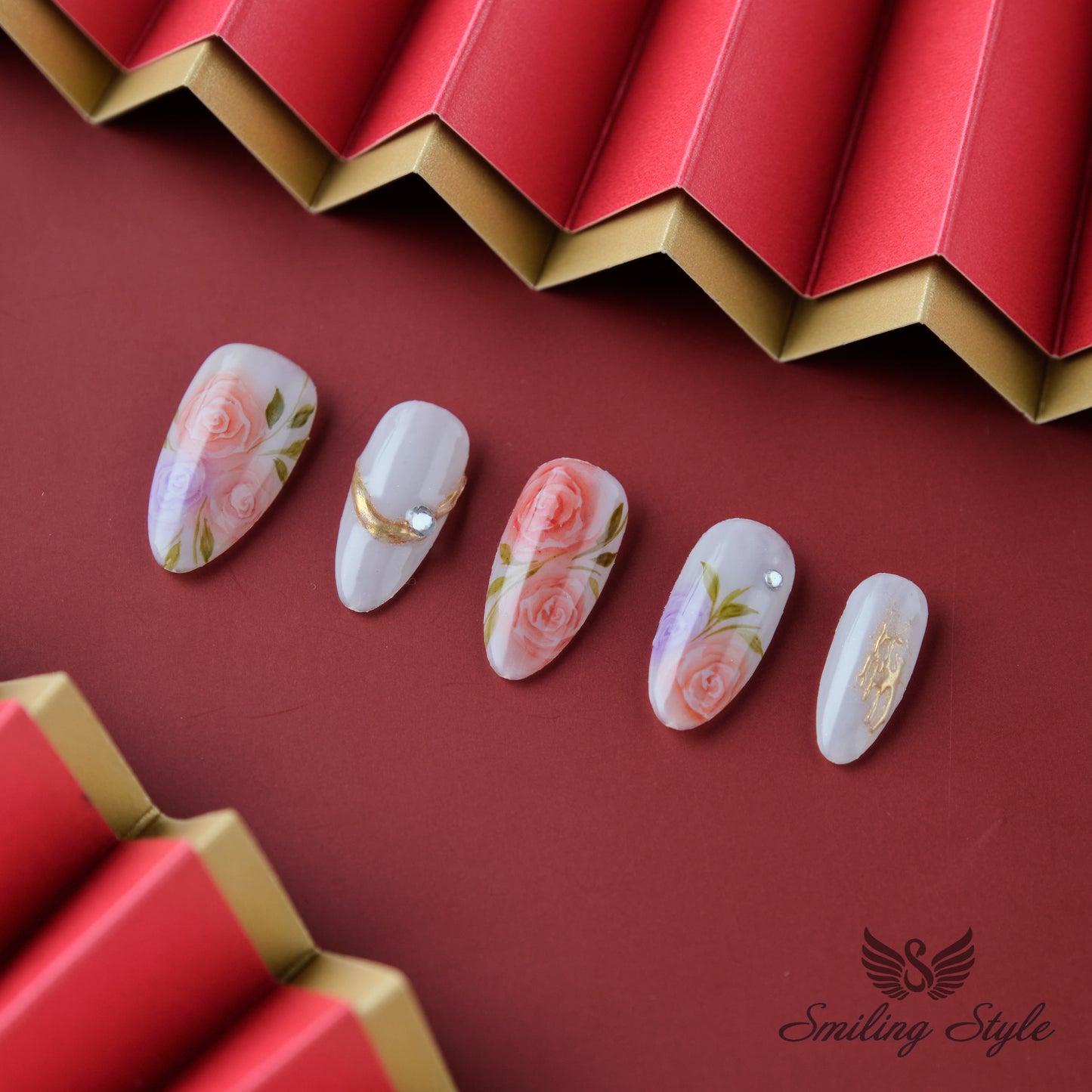 Pink Watercolor Roses Press On Nails by SMILINGSTYLE | Luxury Fake Nails | Reusable Nails | Handmade Nails