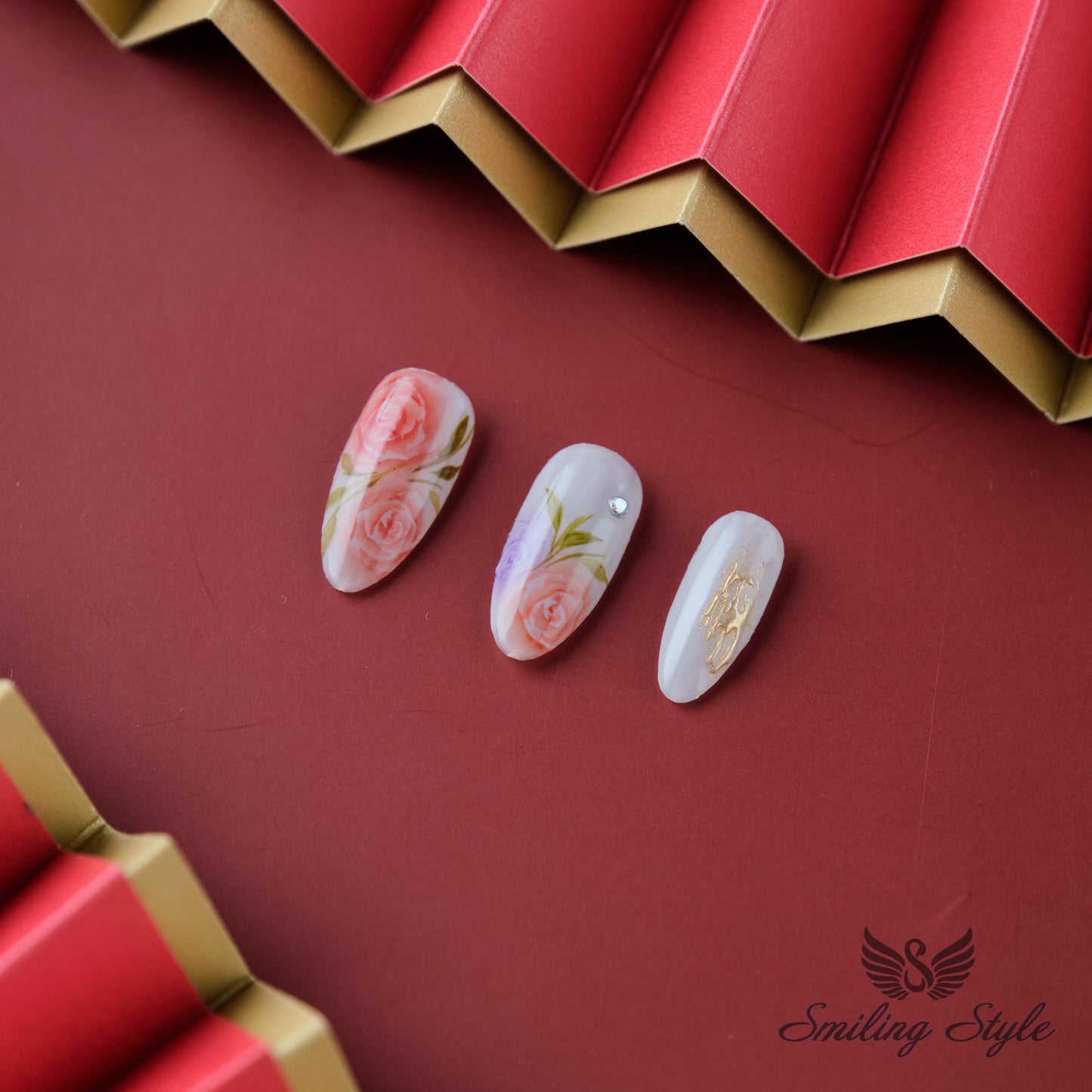 Pink Watercolor Roses Press On Nails by SMILINGSTYLE | Luxury Fake Nails | Reusable Nails | Handmade Nails