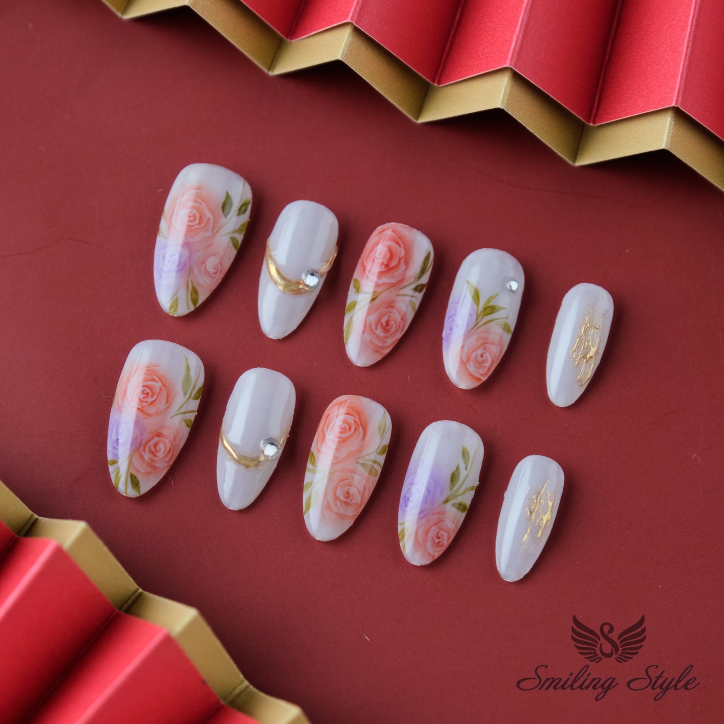 Pink Watercolor Roses Press On Nails by SMILINGSTYLE | Luxury Fake Nails | Reusable Nails | Handmade Nails