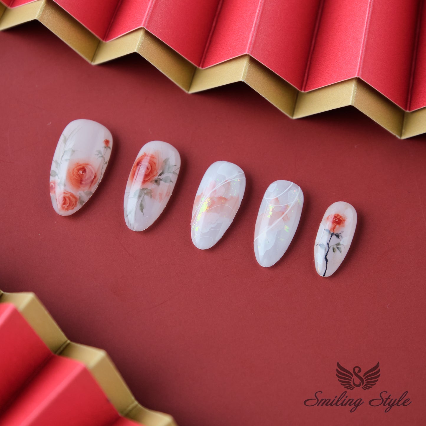 Red Rose Story Press On Nails by SMILINGSTYLE | Luxury Fake Nails | Reusable Nails | Handmade Nails