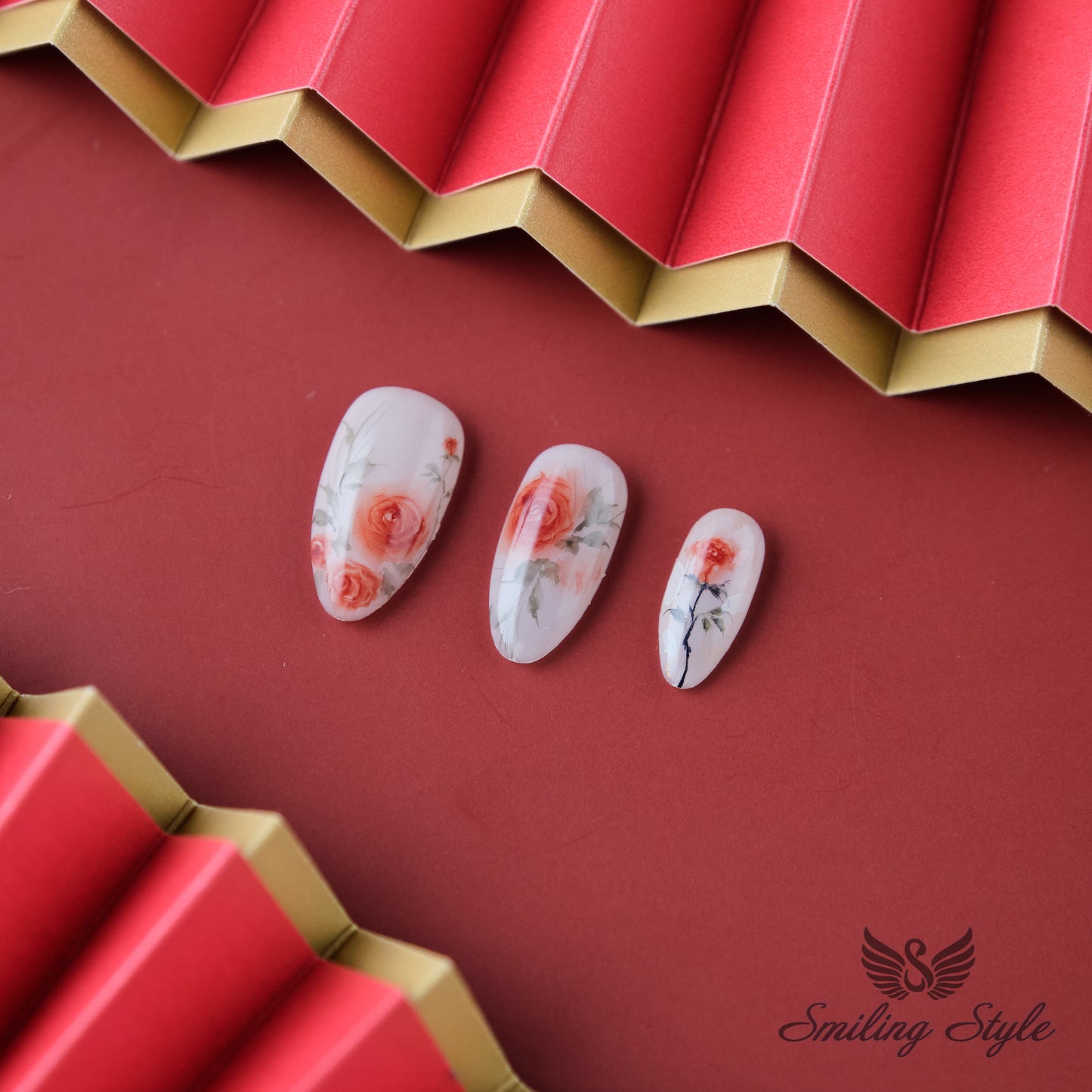 Red Rose Story Press On Nails by SMILINGSTYLE | Luxury Fake Nails | Reusable Nails | Handmade Nails