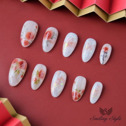 Red Rose Story Press On Nails by SMILINGSTYLE | Luxury Fake Nails | Reusable Nails | Handmade Nails