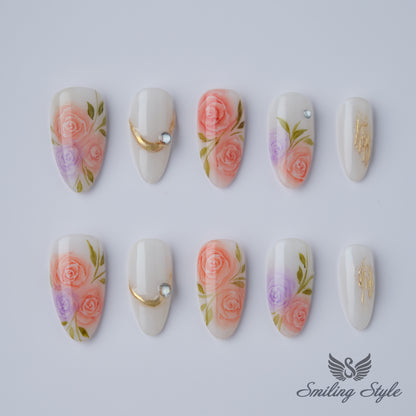 Pink Watercolor Roses Press On Nails by SMILINGSTYLE | Luxury Fake Nails | Reusable Nails | Handmade Nails