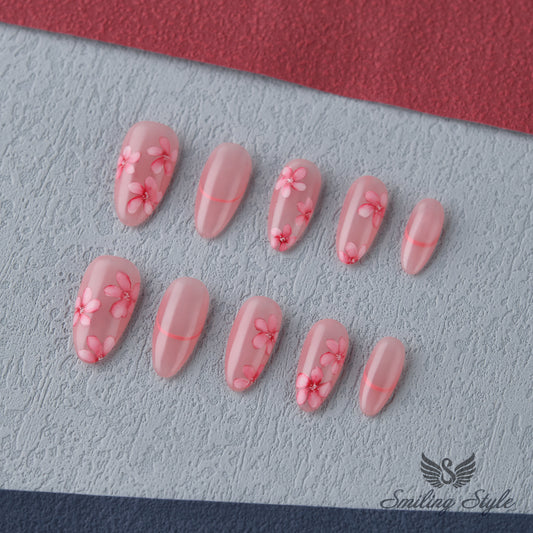 Cherry Peach Blossom Press On Nails by SMILINGSTYLE | Luxury Fake Nails | Reusable Nails | Handmade Nails