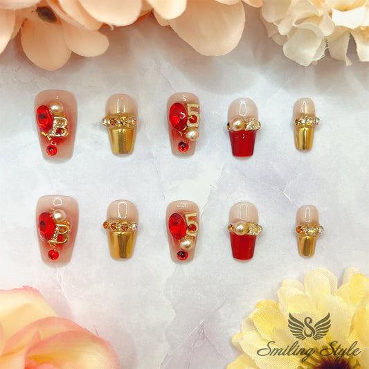 Red Amber Flame Press On Nails by SMILINGSTYLE | Luxury Fake Nails | Reusable Nails | Handmade Nails