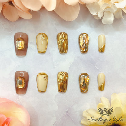 Early Autumn Coffee Brew Press On Nails by SMILINGSTYLE | Luxury Fake Nails | Reusable Nails | Handmade Nails