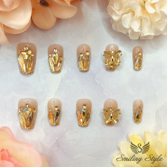 Champagne Butterfly Press On Nails by SMILINGSTYLE | Luxury Fake Nails | Reusable Nails | Handmade Nails