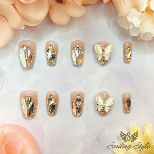 Silver Bling Butterfly Press On Nails by SMILINGSTYLE | Luxury Fake Nails | Reusable Nails | Handmade Nails