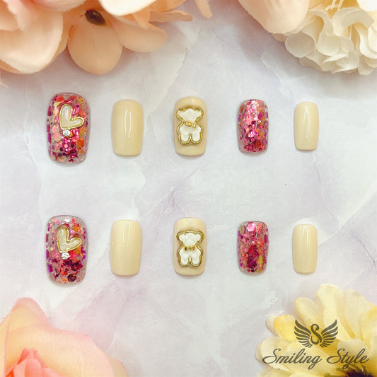 Pink Sugar White Bear Press On Nails by SMILINGSTYLE | Luxury Fake Nails | Reusable Nails | Handmade Nails