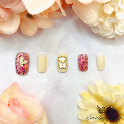 Pink Sugar White Bear Press On Nails by SMILINGSTYLE | Luxury Fake Nails | Reusable Nails | Handmade Nails