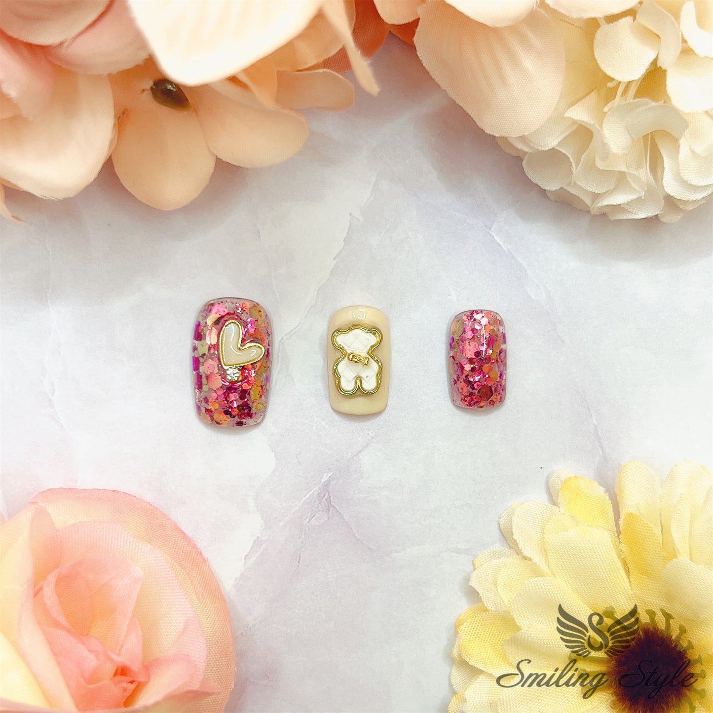 Pink Sugar White Bear Press On Nails by SMILINGSTYLE | Luxury Fake Nails | Reusable Nails | Handmade Nails