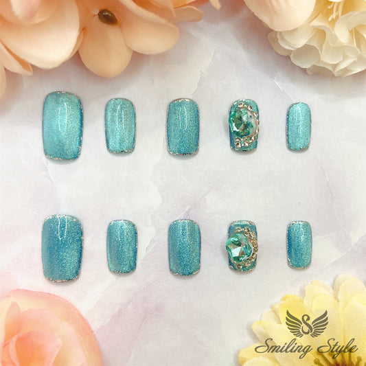 Sea Glass Blue Glaze Press On Nails by SMILINGSTYLE | Luxury Fake Nails | Reusable Nails | Handmade Nails