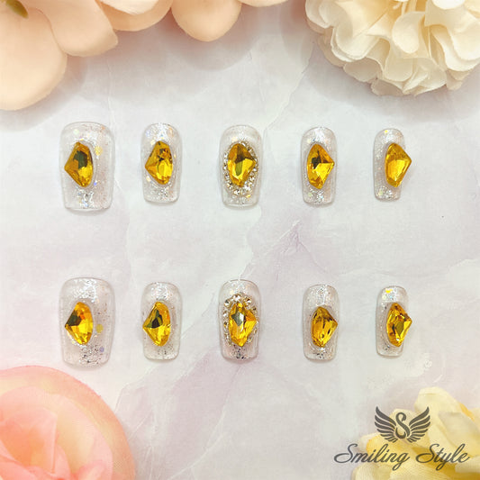 Golden Yellow Cryolite Press On Nails by SMILINGSTYLE | Luxury Fake Nails | Reusable Nails | Handmade Nails