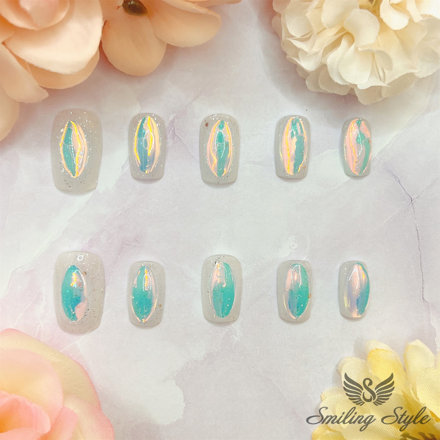 Ice Crystal River Press On Nails by SMILINGSTYLE | Luxury Fake Nails | Reusable Nails | Handmade Nails