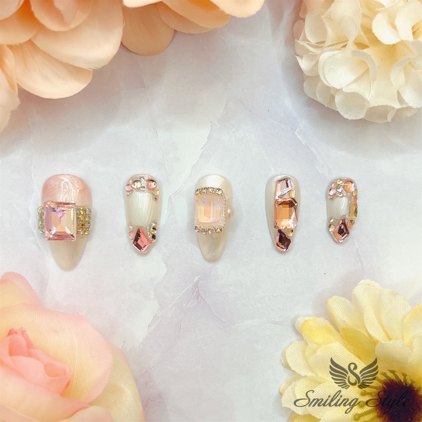 Rose Stone Lovers Press On Nails by SMILINGSTYLE | Luxury Fake Nails | Reusable Nails | Handmade Nails