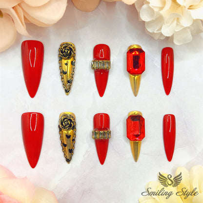 Golden Girl's Red Gem Press On Nails by SMILINGSTYLE | Luxury Fake Nails | Reusable Nails | Handmade Nails