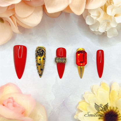 Golden Girl's Red Gem Press On Nails by SMILINGSTYLE | Luxury Fake Nails | Reusable Nails | Handmade Nails