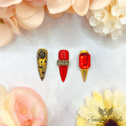 Golden Girl's Red Gem Press On Nails by SMILINGSTYLE | Luxury Fake Nails | Reusable Nails | Handmade Nails