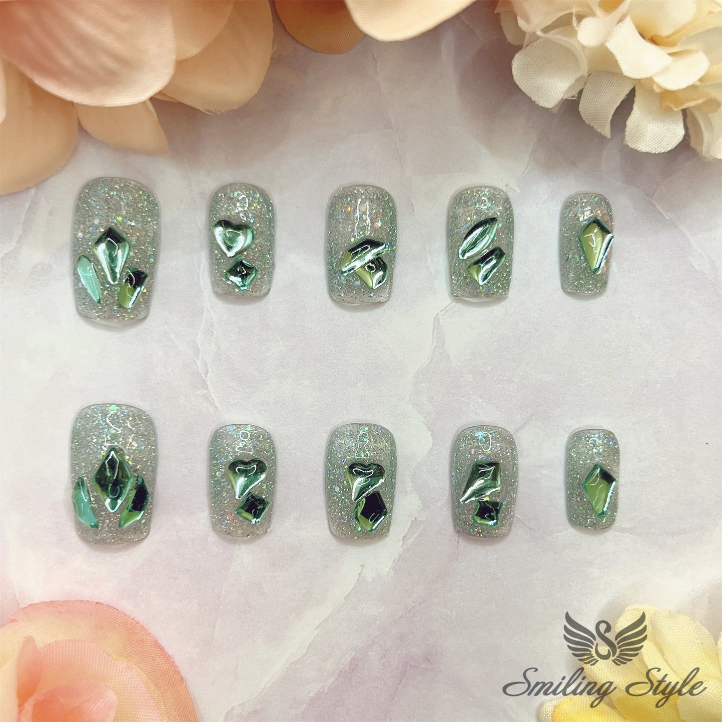 Blue Crystal Diamond Tears Press On Nails by SMILINGSTYLE | Luxury Fake Nails | Reusable Nails | Handmade Nails