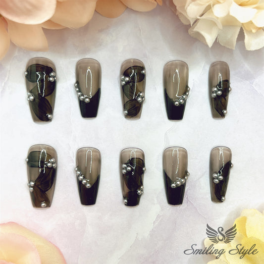 Black Swan's Streamer Press On Nails by SMILINGSTYLE | Luxury Fake Nails | Reusable Nails | Handmade Nails