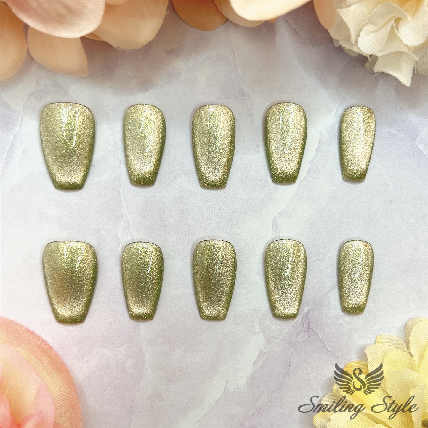 Green Cat Eye Press On Nails by SMILINGSTYLE | Luxury Fake Nails | Reusable Nails | Handmade Nails