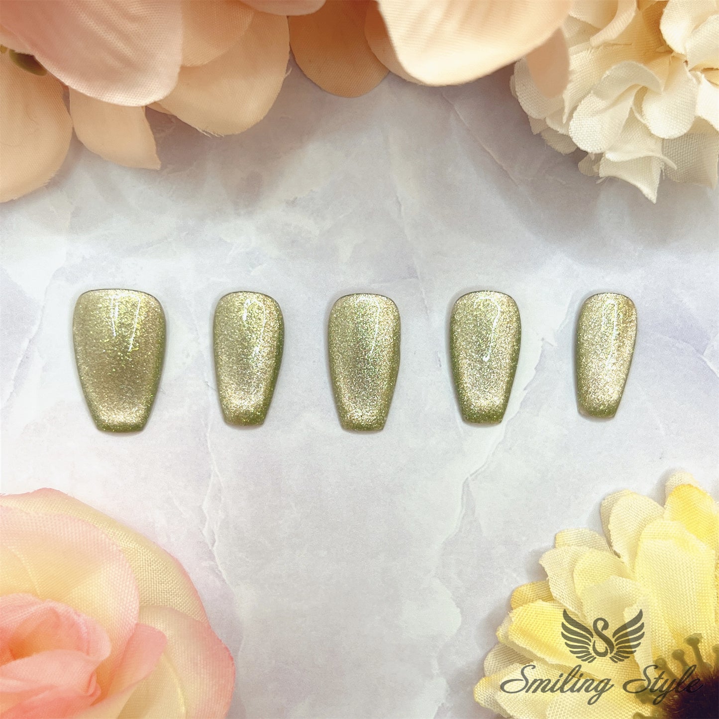 Green Cat Eye Press On Nails by SMILINGSTYLE | Luxury Fake Nails | Reusable Nails | Handmade Nails