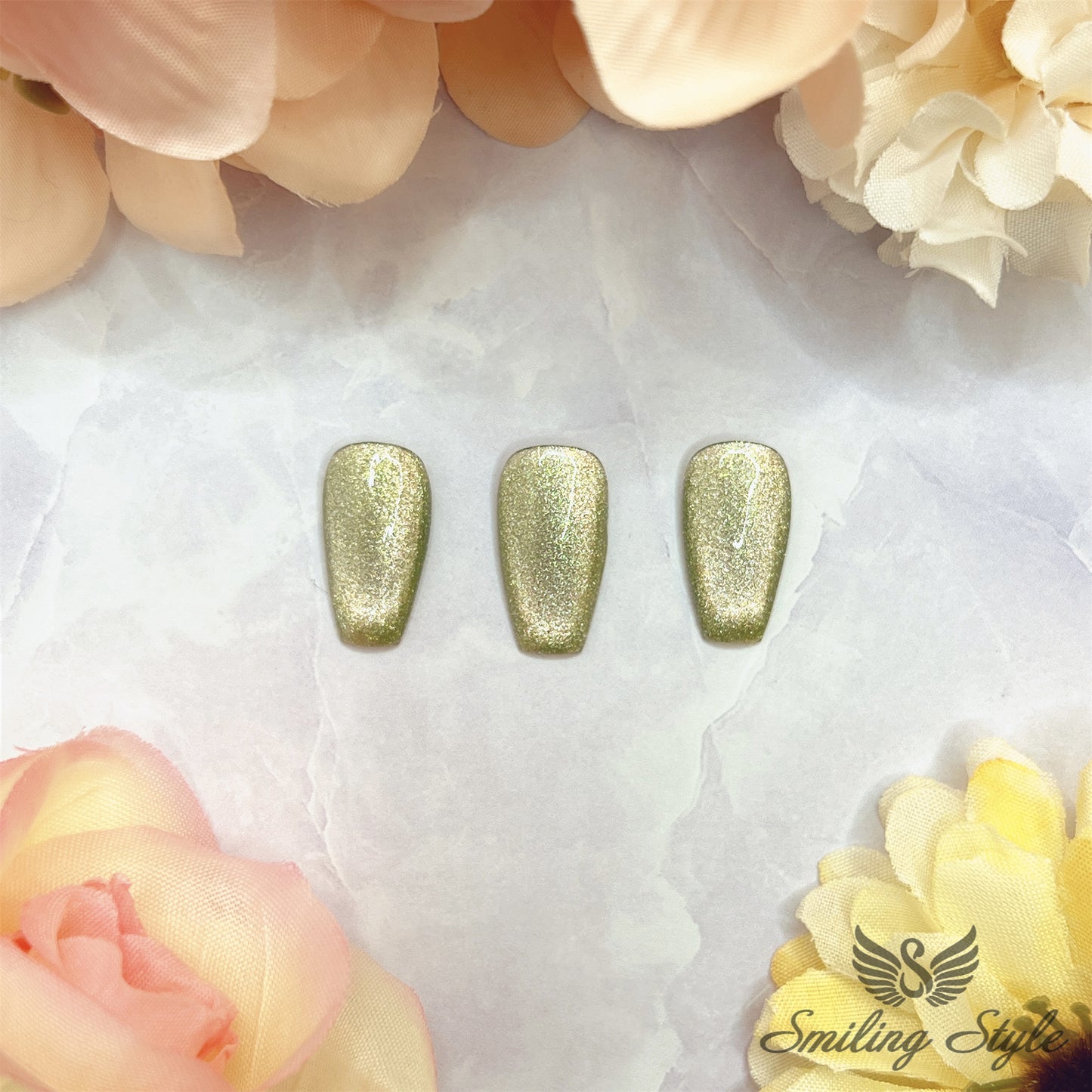 Green Cat Eye Press On Nails by SMILINGSTYLE | Luxury Fake Nails | Reusable Nails | Handmade Nails