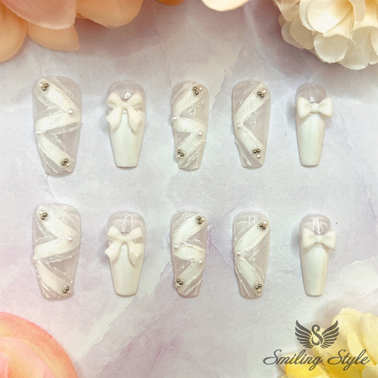 White Bride's Ribbon Press On Nails by SMILINGSTYLE | Luxury Fake Nails | Reusable Nails | Handmade Nails