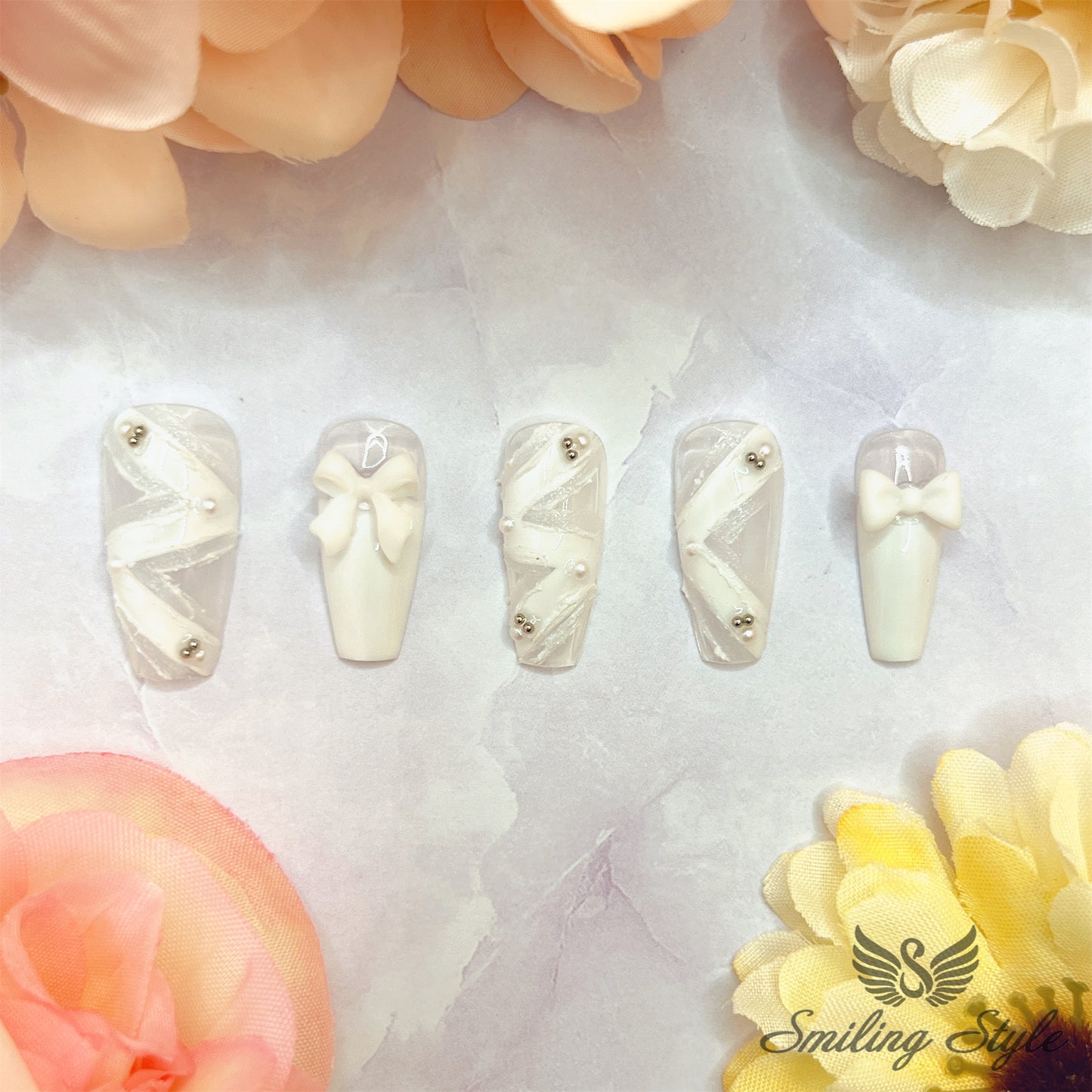 White Bride's Ribbon Press On Nails by SMILINGSTYLE | Luxury Fake Nails | Reusable Nails | Handmade Nails