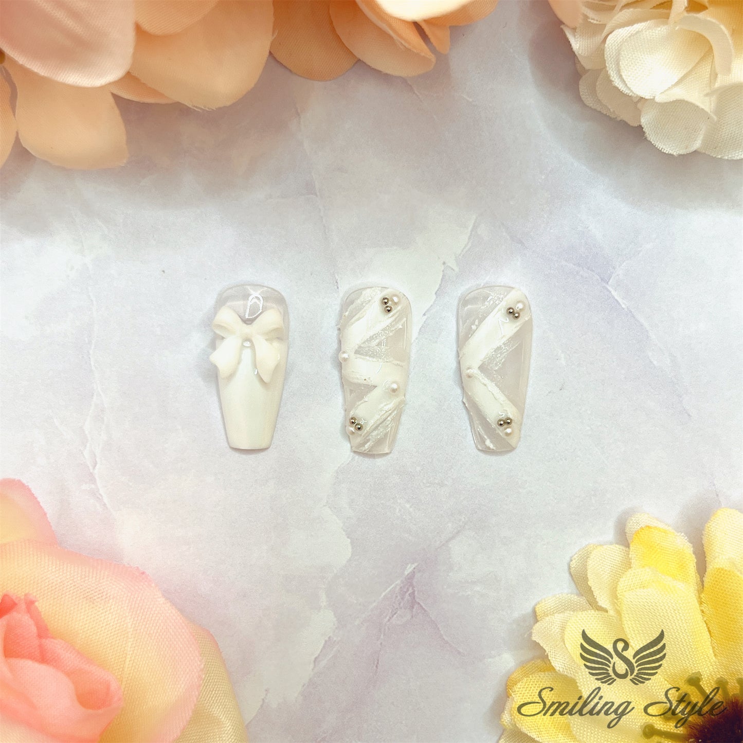 White Bride's Ribbon Press On Nails by SMILINGSTYLE | Luxury Fake Nails | Reusable Nails | Handmade Nails