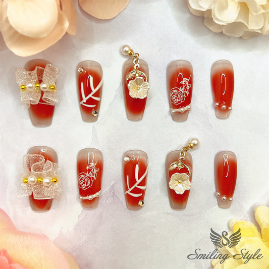 Red Lace Camellia Flowers Press On Nails by SMILINGSTYLE | Luxury Fake Nails | Reusable Nails | Handmade Nails