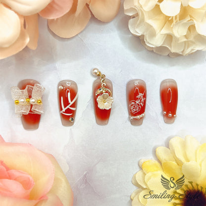 Red Lace Camellia Flowers Press On Nails by SMILINGSTYLE | Luxury Fake Nails | Reusable Nails | Handmade Nails