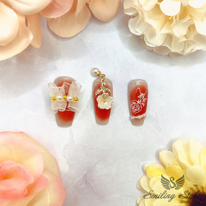 Red Lace Camellia Flowers Press On Nails by SMILINGSTYLE | Luxury Fake Nails | Reusable Nails | Handmade Nails