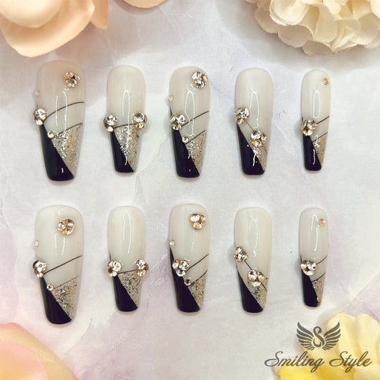 French Black and White with Diomonds Press On Nails by SMILINGSTYLE | Luxury Fake Nails | Reusable Nails | Handmade Nails