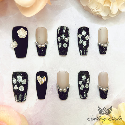 Midnight Camellia Fragrance Flower Press On Nails by SMILINGSTYLE | Luxury Fake Nails | Reusable Nails | Handmade Nails