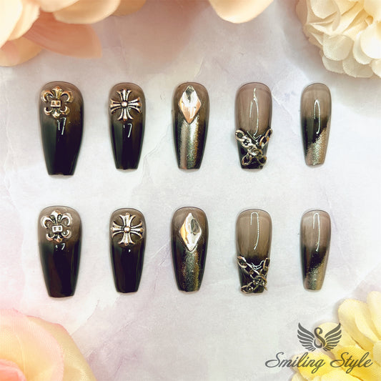 French Black Gradient with Diamonds Press On Nails by SMILINGSTYLE | Luxury Fake Nails | Reusable Nails | Handmade Nails