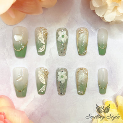 Pansy White Color Wings Press On Nails by SMILINGSTYLE | Luxury Fake Nails | Reusable Nails | Handmade Nails