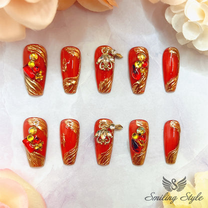 Red Hot Ruby Party Press On Nails by SMILINGSTYLE | Luxury Fake Nails | Reusable Nails | Handmade Nails