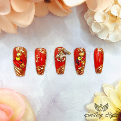 Red Hot Ruby Party Press On Nails by SMILINGSTYLE | Luxury Fake Nails | Reusable Nails | Handmade Nails