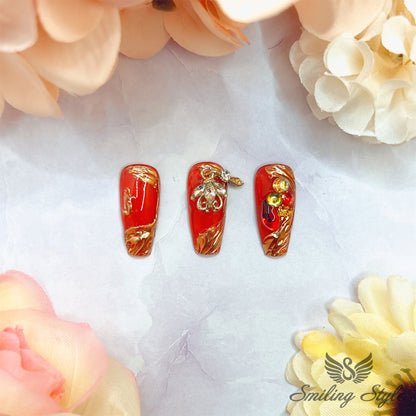 Red Hot Ruby Party Press On Nails by SMILINGSTYLE | Luxury Fake Nails | Reusable Nails | Handmade Nails