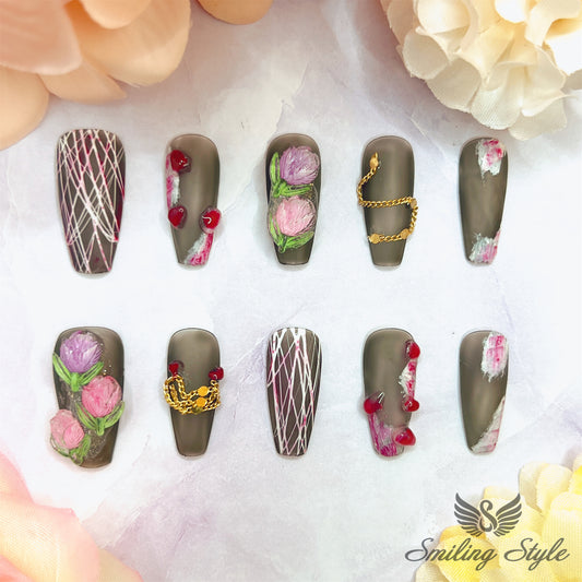 Pink and Purple Tulips Press On Nails by SMILINGSTYLE | Luxury Fake Nails | Reusable Nails | Handmade Nails